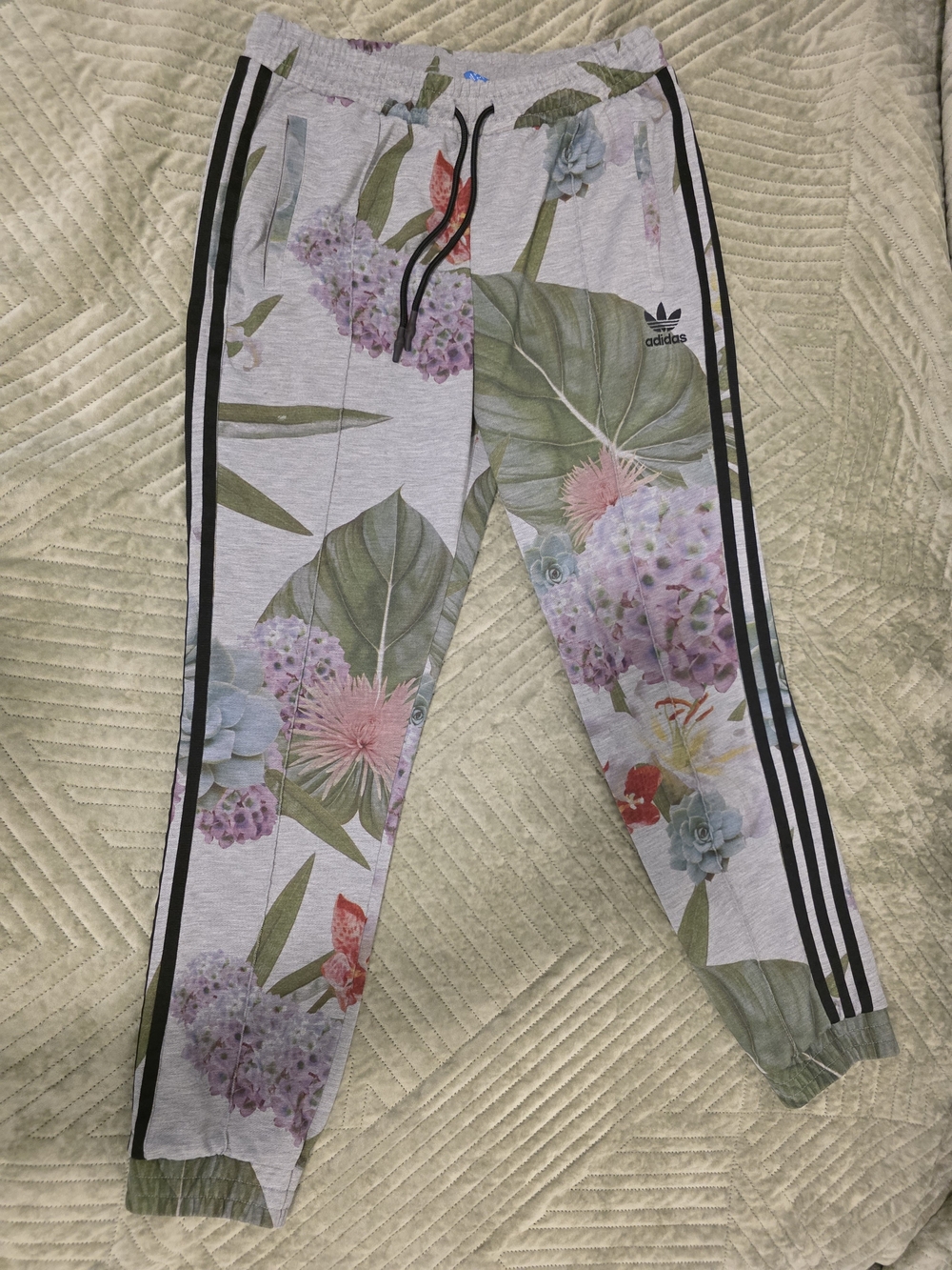 adidas Girls Floral Joggers in Light Gray with Black Stripes